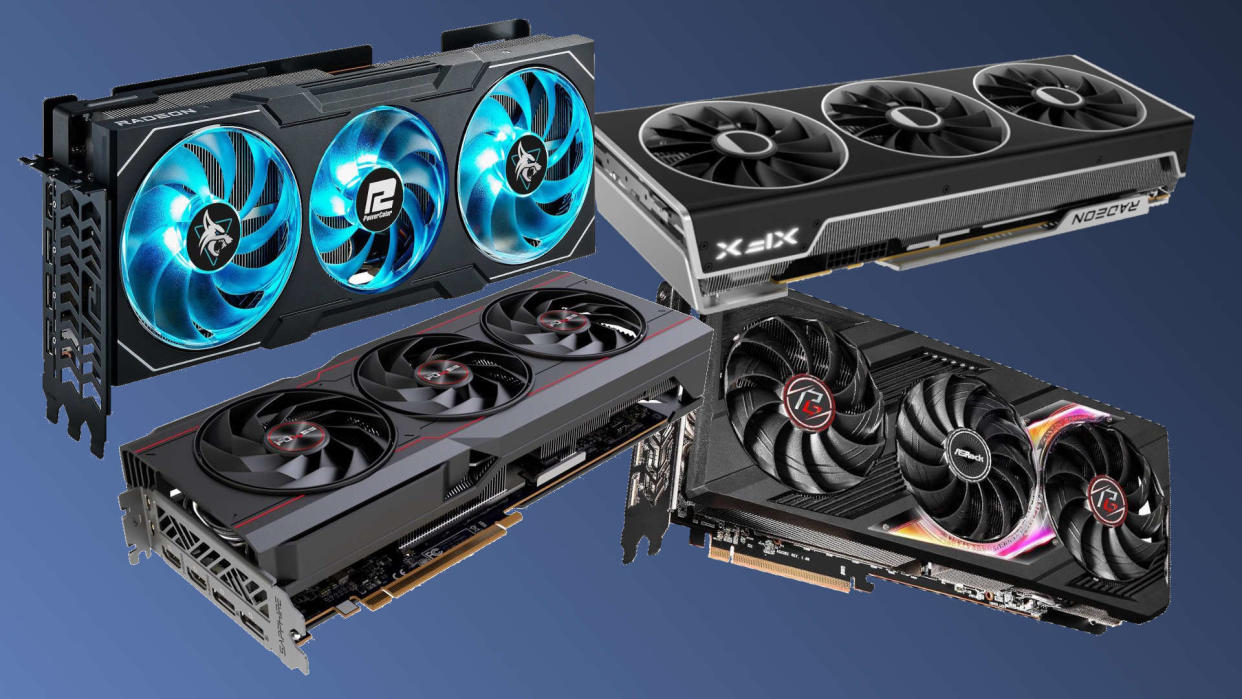  A collage of Radeon RX 7900 XT graphics cards from ASRock, Powercolor, Sapphire, and XFX. 