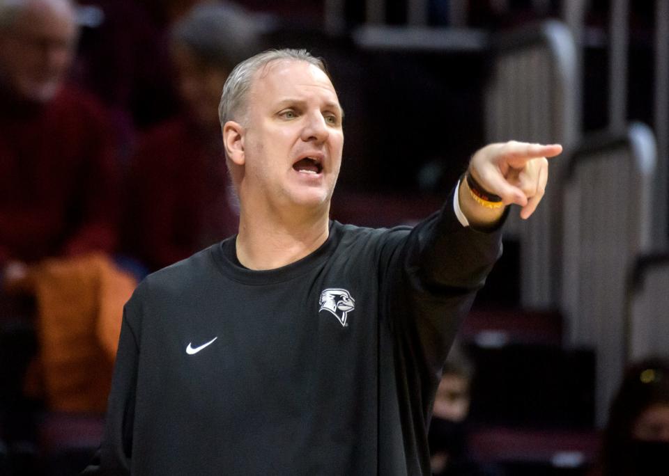 ISU interim head coach Brian Jones directs the Redbirds as they battle Bradley in the first half Saturday, Feb. 19, 2022 at Carver Arena. The Braves defeated rival Illinois State 72-64