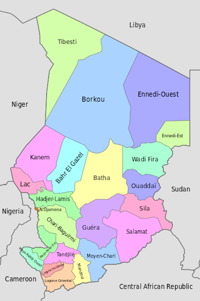 Les régions administratives du Tchad. Cliquer pour zoomer. Wikimedia