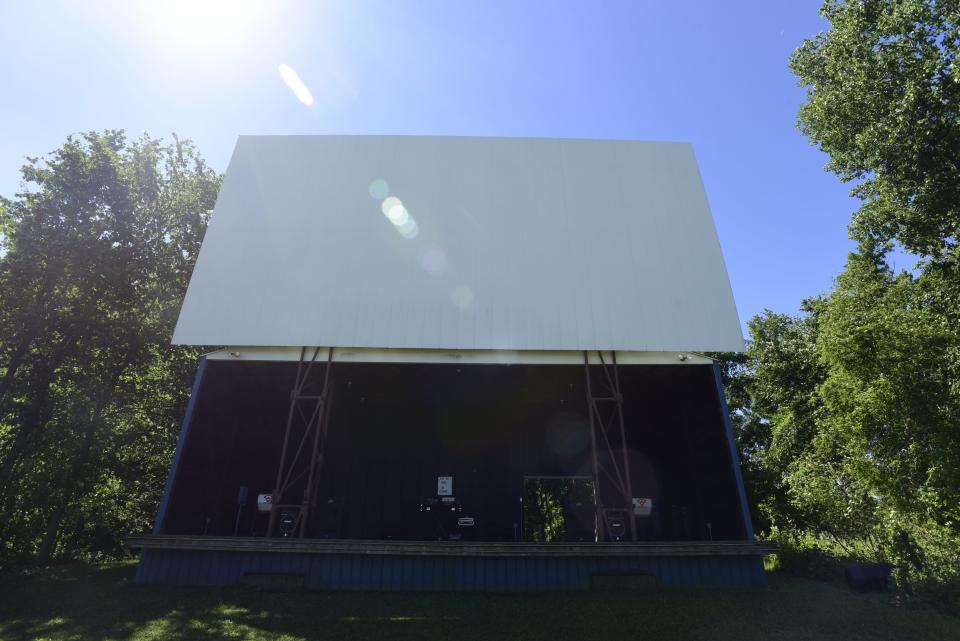 The screen used for projecting movies at the Hi-Way Drive-In along Sanilac Road (M-46) in Carsonville on Thursday, June 23, 2022. A stage is set underneath it where owner Nathan Thorpe plans on hosting music festivals in the future.