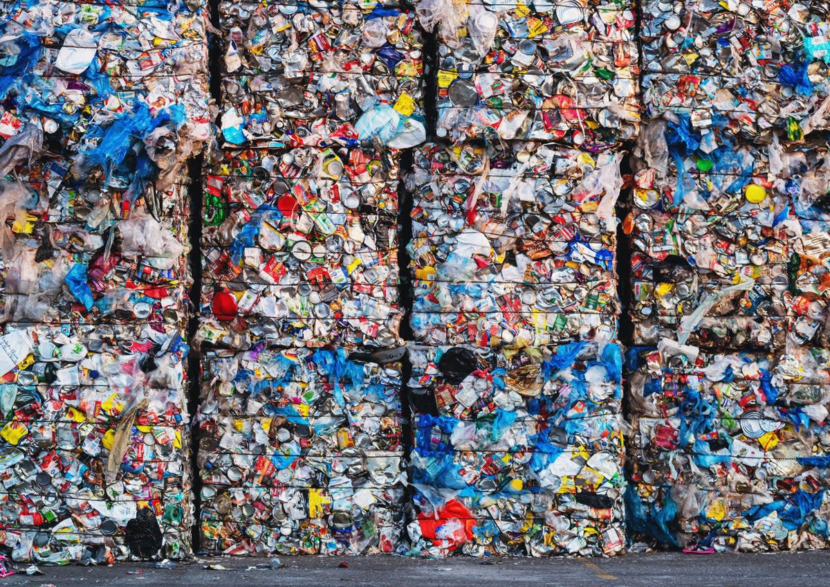 Large bundles of plastic bags, cans and milk containers await processing at a recycling center in Canada.  (Getty Images/iStockphoto)