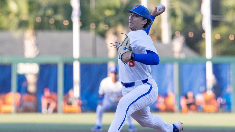 Florida's pitcher Brandon Sproat (8) pitches a complete game and gets the shutout over Alabama, 3-0, Thursday March 16, 2023, at Condron Family Baseball Park in Gainesville, Florida