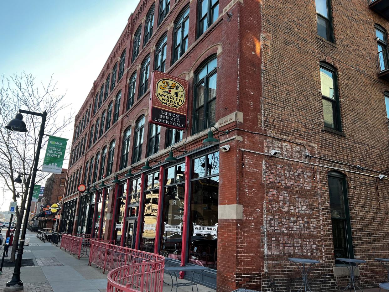 The exterior of The Old Spaghetti Works at 310 Court Ave. in Des Moines. The restaurant in the Historic Court Avenue district closed permanently on March 27, 2023.