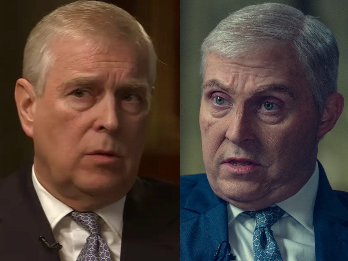 An image of Prince Andrew from "BBC Newsnight," and Rufus Sewell in Netflix's "Scoop."
