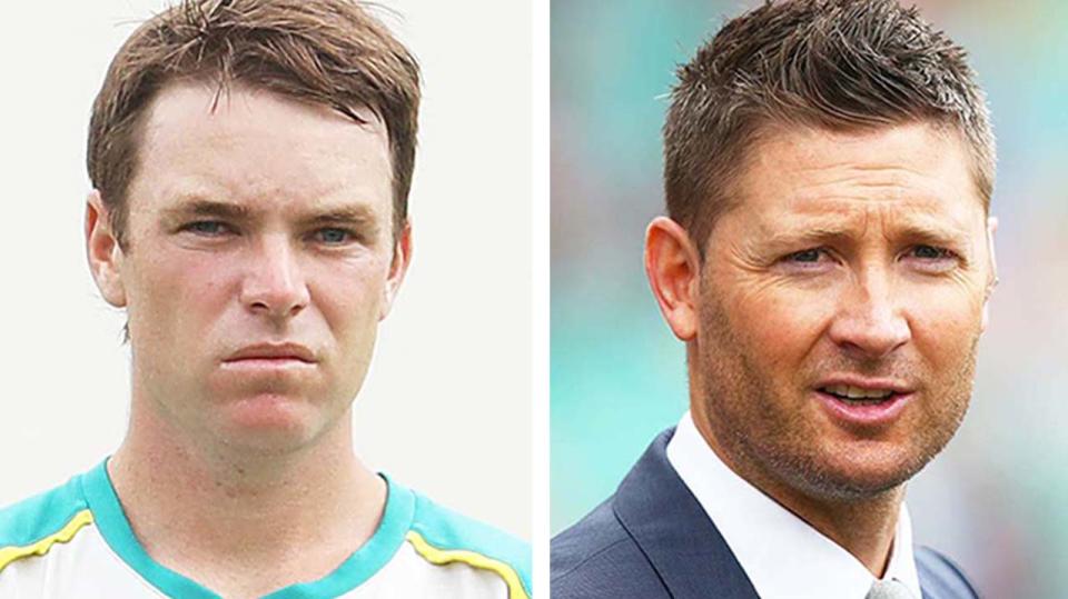 Michael Clarke (pictured right) during commentary and (pictured left) Marcus Harris during training.