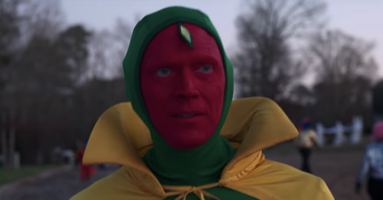 Paul Bettany models a homemade Halloween version of The Vision's comic book costume in the latest episode of 'WandaVision' (Photo: Marvel Studios/YouTube)