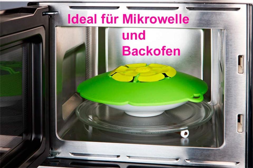 Die Kochblume ist auch als Spritzschutz im Backofen oder Mikrowelle und als Dampfgarer verwendbar. (Bild: Amazon)