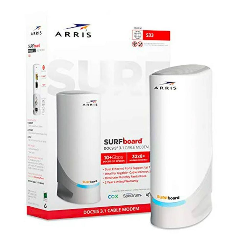 <p><a href="https://clicks.trx-hub.com/xid/hearstcorp_9eb67_pop?q=https%3A%2F%2Fwww.walmart.com%2Fip%2FARRIS-Surfboard-S33-DOCSIS-3-1-Multi-Gigabit-Cable-Modem-with-2-5-Gbps-Ethernet-Port-Approved-for-Cox-Xfinity-Spectrum-Others%2F841408164&p=https%3A%2F%2Fwww.popularmechanics.com%2Ftechnology%2Fgear%2Fa32670109%2Fbest-modems%2F&utmSource=yahoo-us&utmCampaign=73&utmMedium=syn" rel="nofollow noopener" target="_blank" data-ylk="slk:Shop Now;elm:context_link;itc:0;sec:content-canvas" class="link ">Shop Now</a></p><p>Surfboard S33 DOCSIS 3.1 Cable Modem</p><p>walmart.com</p><p>$160.00</p>