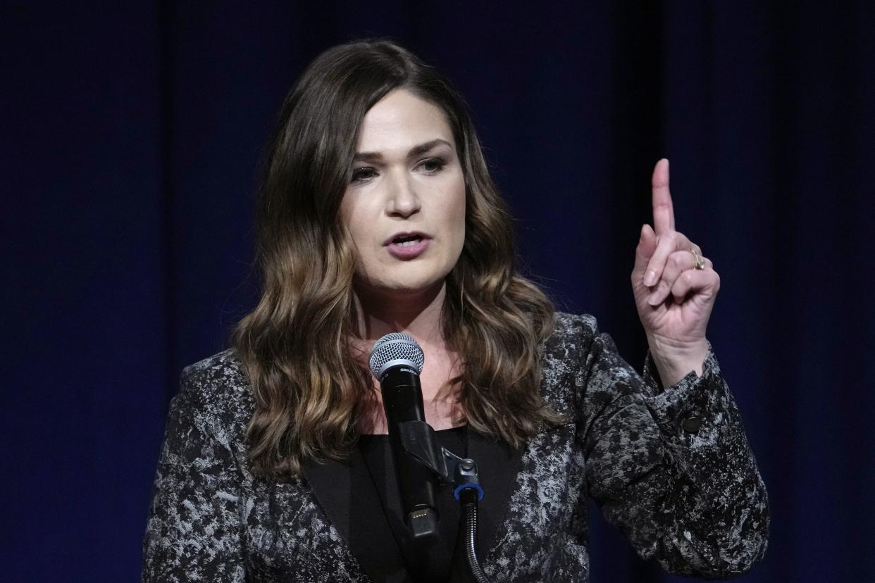 Former U.S. Rep. Abby Finkenauer speaks during the Iowa Democratic Party's Liberty and Justice Celebration, Saturday, April 30, 2022, in Des Moines, Iowa.