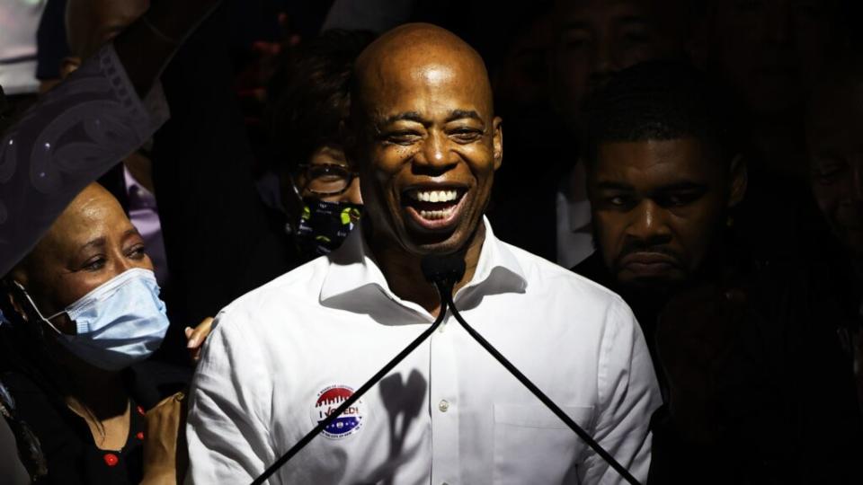 New York City mayoral candidate Eric Adams, who currently leads in first-choice votes, speaks during his election night Tuesday party in the Williamsburg neighborhood of Brooklyn. (Photo by Michael M. Santiago/Getty Images)
