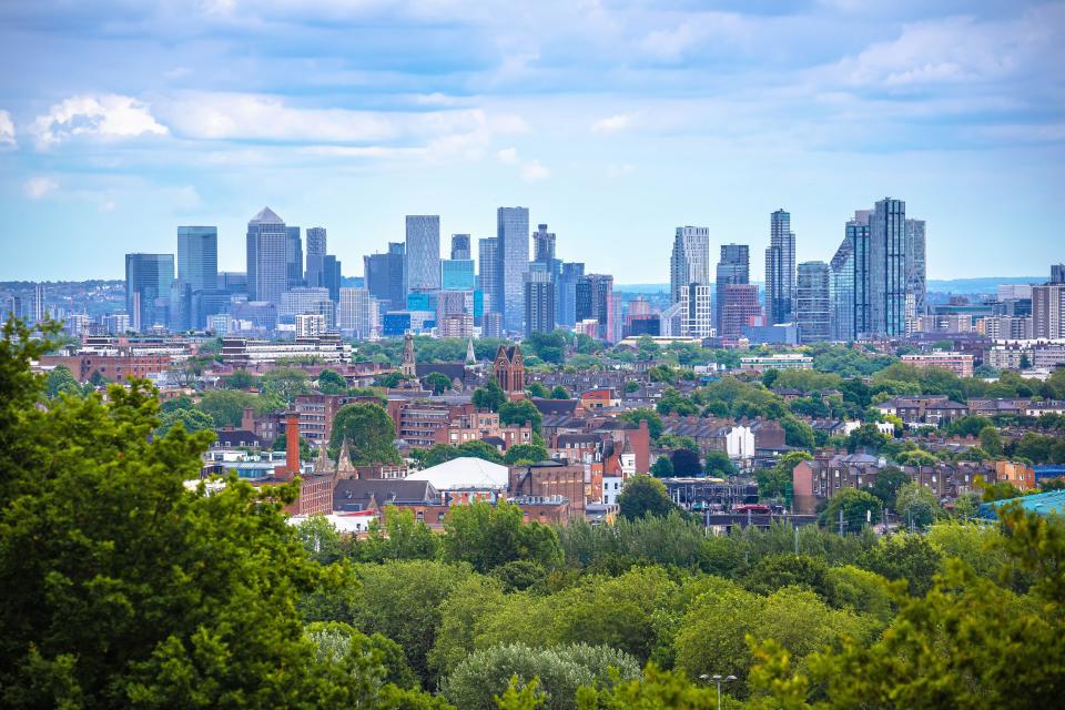 mortgage City of London skyline view from Hampstead Heath, capital of UK