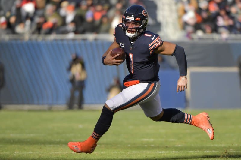 Chicago Bears star Justin Fields should use his arm and legs to provide stellar fantasy football statistics in 2023. File Photo by Mark Black/UPI