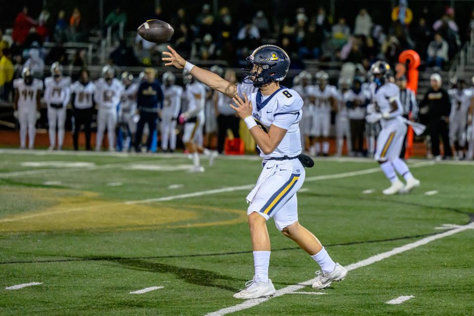 Battle's Alex Fernandez (8) throws downfield during a game at Rock Bridge High School on Oct. 6, 2023, in Columbia, Mo.