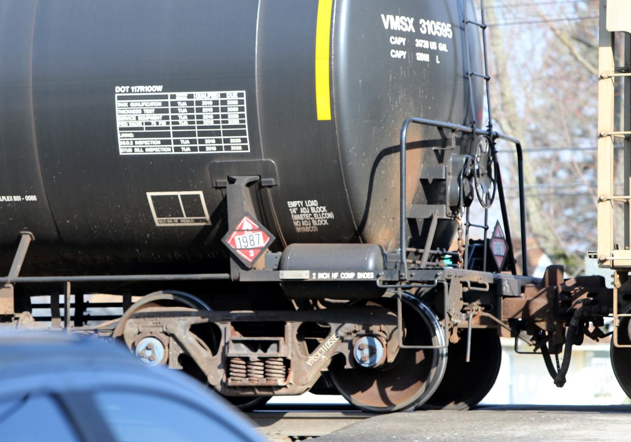 A train passes a crossing Wednesday, March 1, 2023, on the Norfolk Southern railroad tracks in eastern Mishawaka.