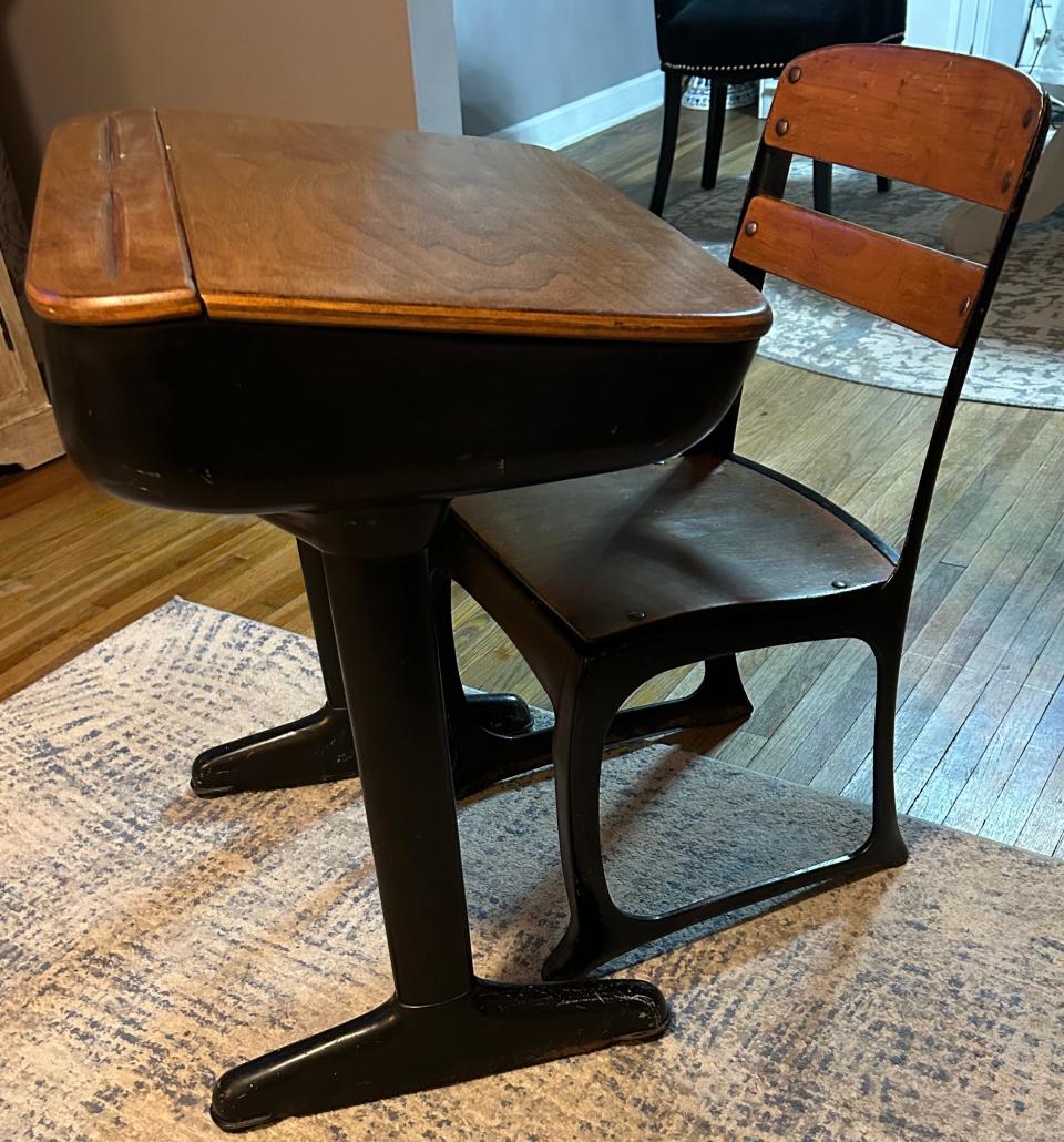 Small wooden and metal desk and chair from Bethel Community Center part of the CHAIR-ity auction for Eastside Community Ministry.