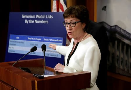 Senator Susan Collins (R-ME) speaks at a news conference with a bipartisan group of senators on Capitol Hill in Washington, D.C., U.S., to unveil a compromise proposal on gun control measures, June 21, 2016. REUTERS/Yuri Gripas