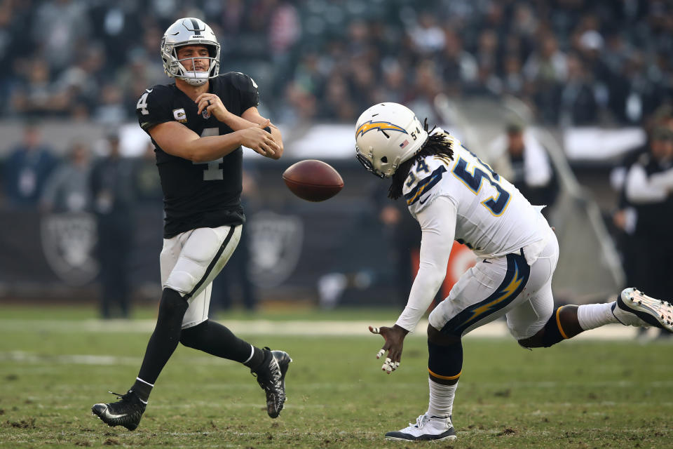 <p>Derek Carr #4 of the Oakland Raiders throws the ball into the ground on fourth down during their NFL game against the Los Angeles Chargers at Oakland-Alameda County Coliseum on November 11, 2018 in Oakland, California. (Photo by Ezra Shaw/Getty Images) </p>