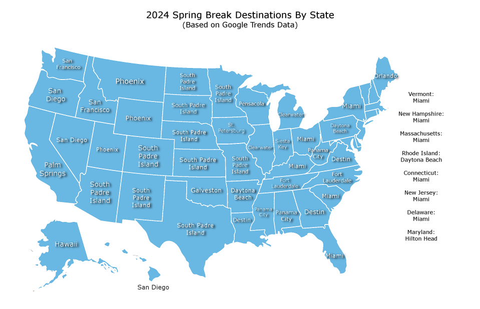 Most searched for spring break destinations by state.