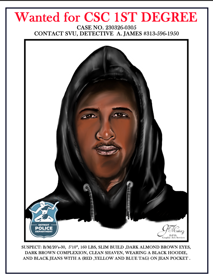 Detroit police released a sketch of a man suspected of sexually assaulting an 80-year-old woman outside of her home on Memorial Street on March 26, 2023.