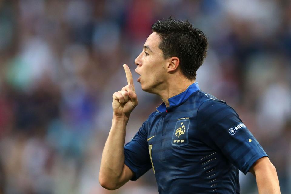 Samir Nasri of France celebrates scoring their first goal during the UEFA EURO 2012 group D match between France and England at Donbass Arena.