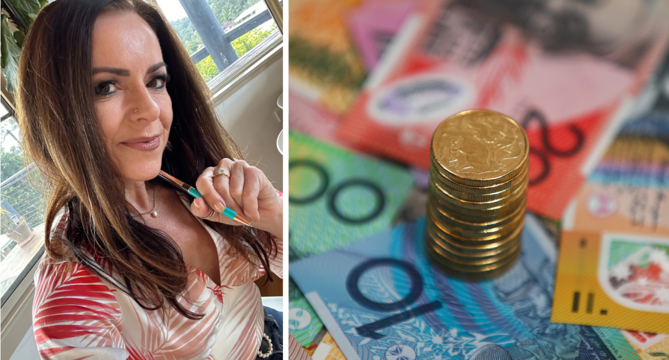The author, a brunette with a pen to her chin, and an inset of a tack of $1 coins.