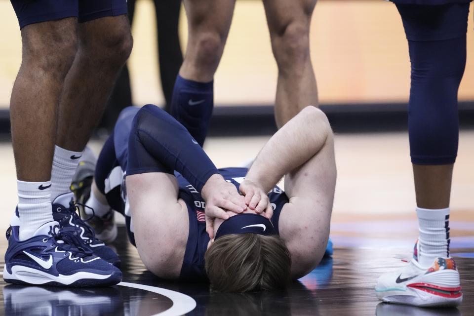 Penn State's Michael Henn reacts after getting called for a foul during the second half of an NCAA semifinal basketball game against Indiana at the Big Ten men's tournament, Saturday, March 11, 2023, in Chicago. (AP Photo/Charles Rex Arbogast)