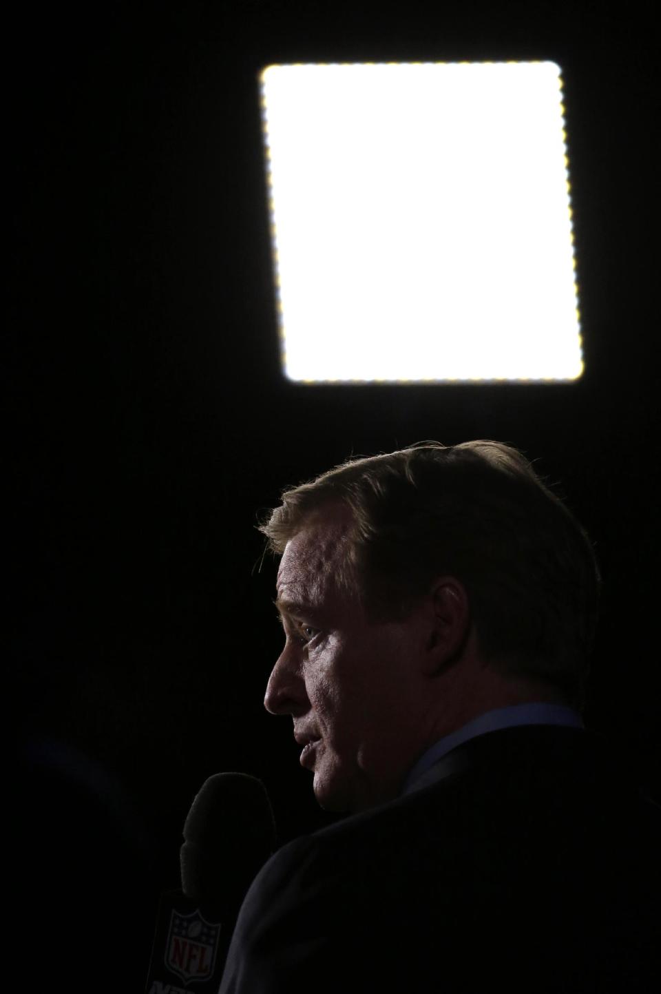 NFL comissioner Roger Goodell talks to a television reporter after a news conference Friday, Jan. 31, 2014, in New York. The Seattle Seahawks and the Denver Broncos are scheduled to play in the NFL Super Bowl XLVIII football game on Sunday, Feb. 2, at MetLife Stadium in East Rutherford, N.J.(AP Photo/Charlie Riedel)