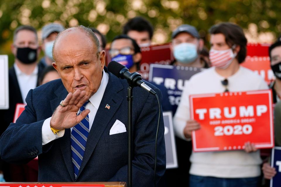 Rudy Giuliani, a lawyer for President Donald Trump, speaks during a news conference on legal challenges to vote counting in Pennsylvania on Nov. 4 in Philadelphia.