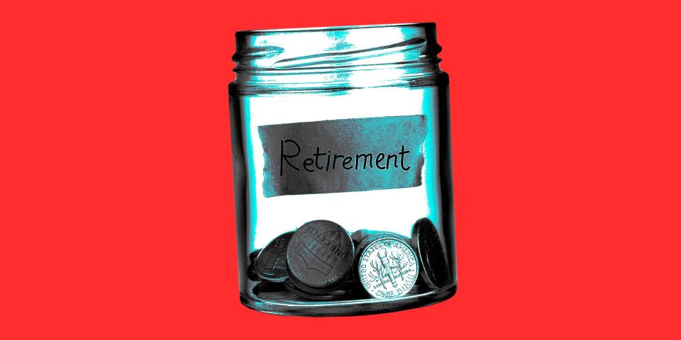 An empty savings jar with a label that says "retirement"