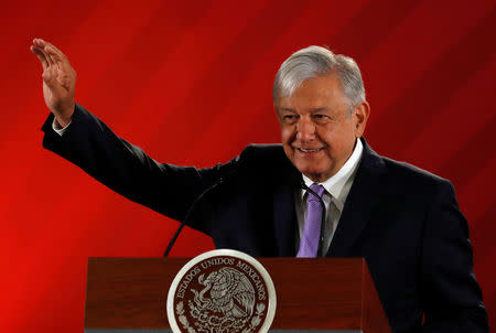 Mexico's President Andres Manuel Lopez Obrador gestures during his daily news conference at National Palace in Mexico City, Mexico February 15, 2019. Picture taken February 15, 2019. REUTERS/Henry Romero