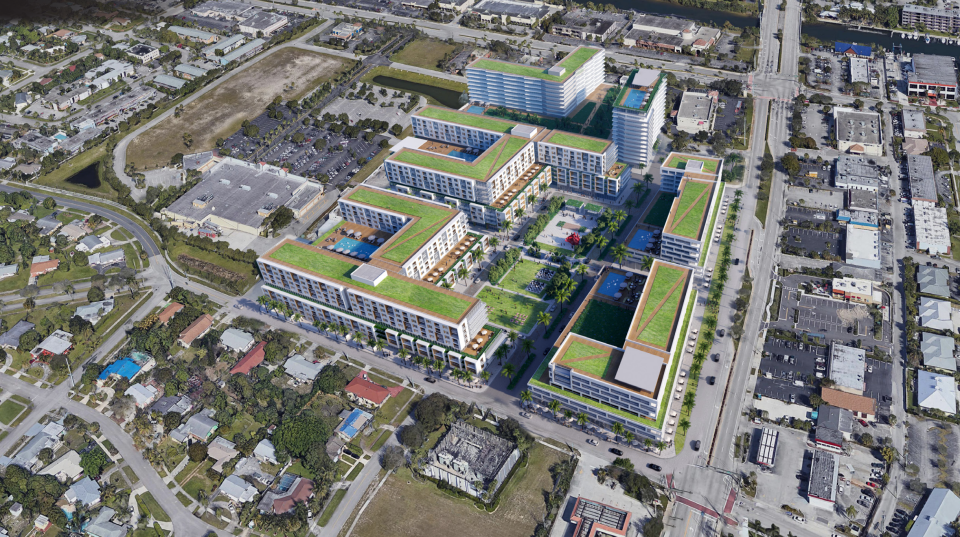 Rendering shows aerial view of a concept for Village Place, a complex which could include residential buildings with shops and replace the vacant land where Twin City Mall in North Palm Beach once stood until it was torn down.