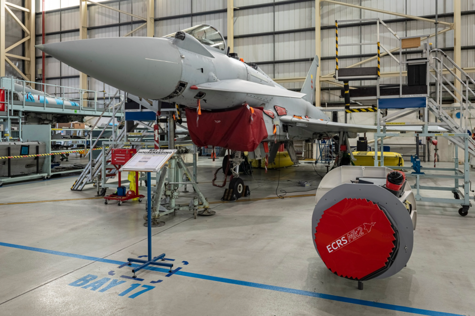 Typhoon aircraft BS116 alongside an ECRS Mk 2 radar model at BAE Warton. <em>BAE Systems</em><br>