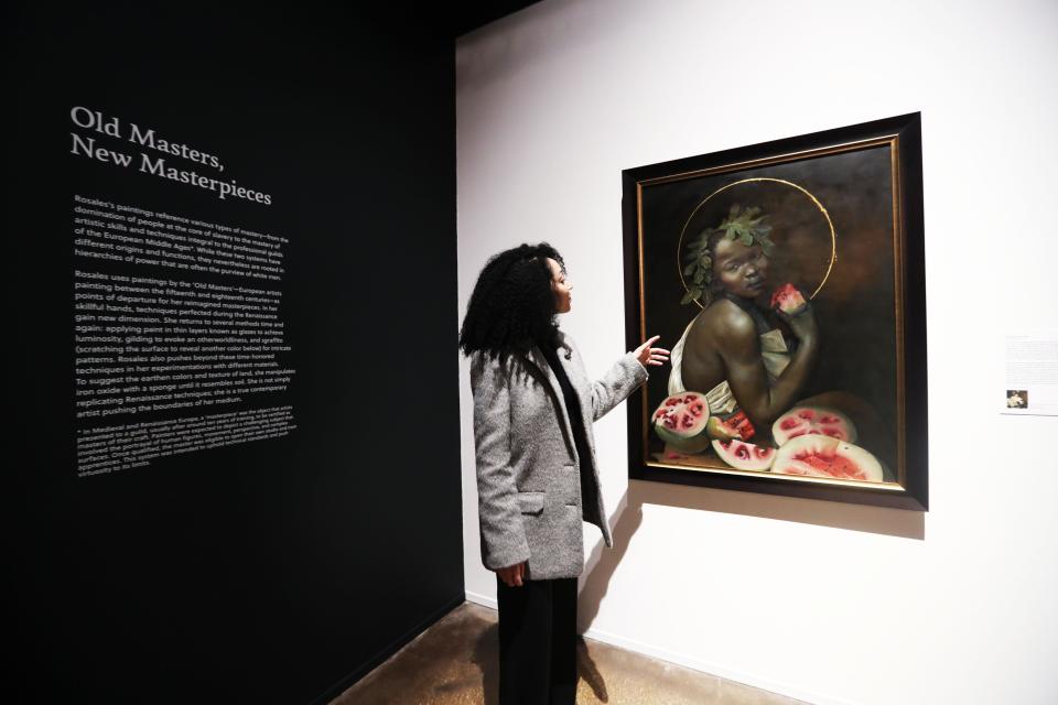Afro-Cuban artist Harmonia Rosales’ work is on exhibit at the Memphis Brooks Museum of Art through June 25. Her work celebrates Black beauty and strength.