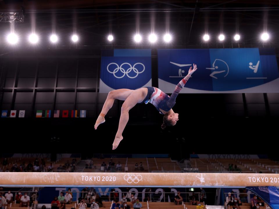 Sunisa Lee of Team United States competes on balance beam during the Women's All-Around Final at the Tokyo Olympics