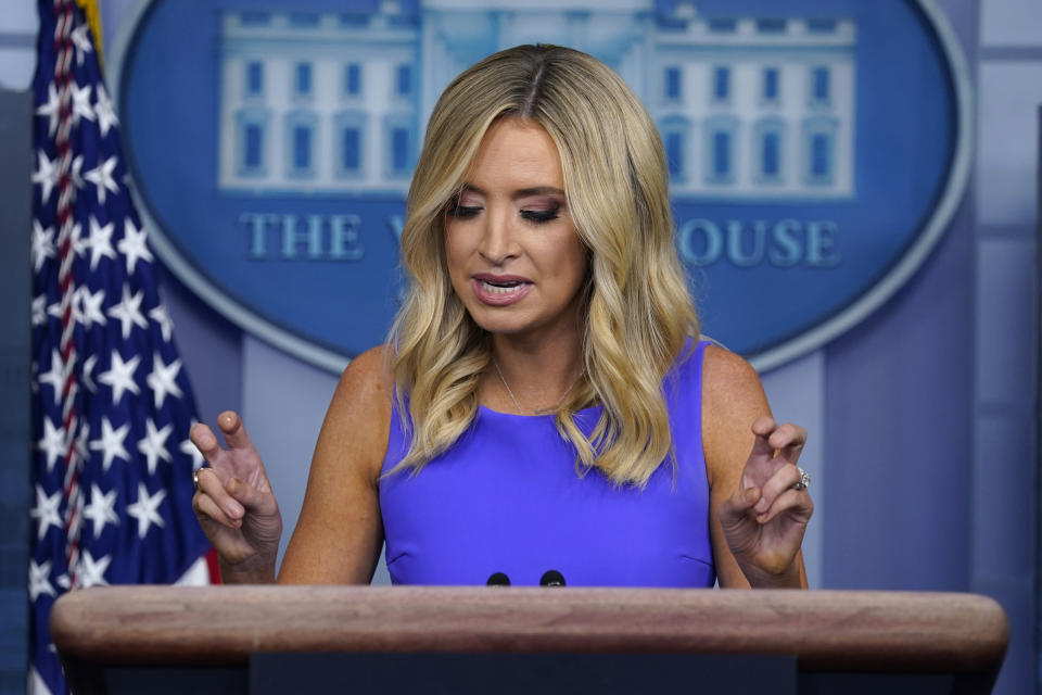 White House press secretary Kayleigh McEnany speaks during a briefing at the White House, Thursday, May 28, 2020, in Washington. (AP Photo/Evan Vucci)