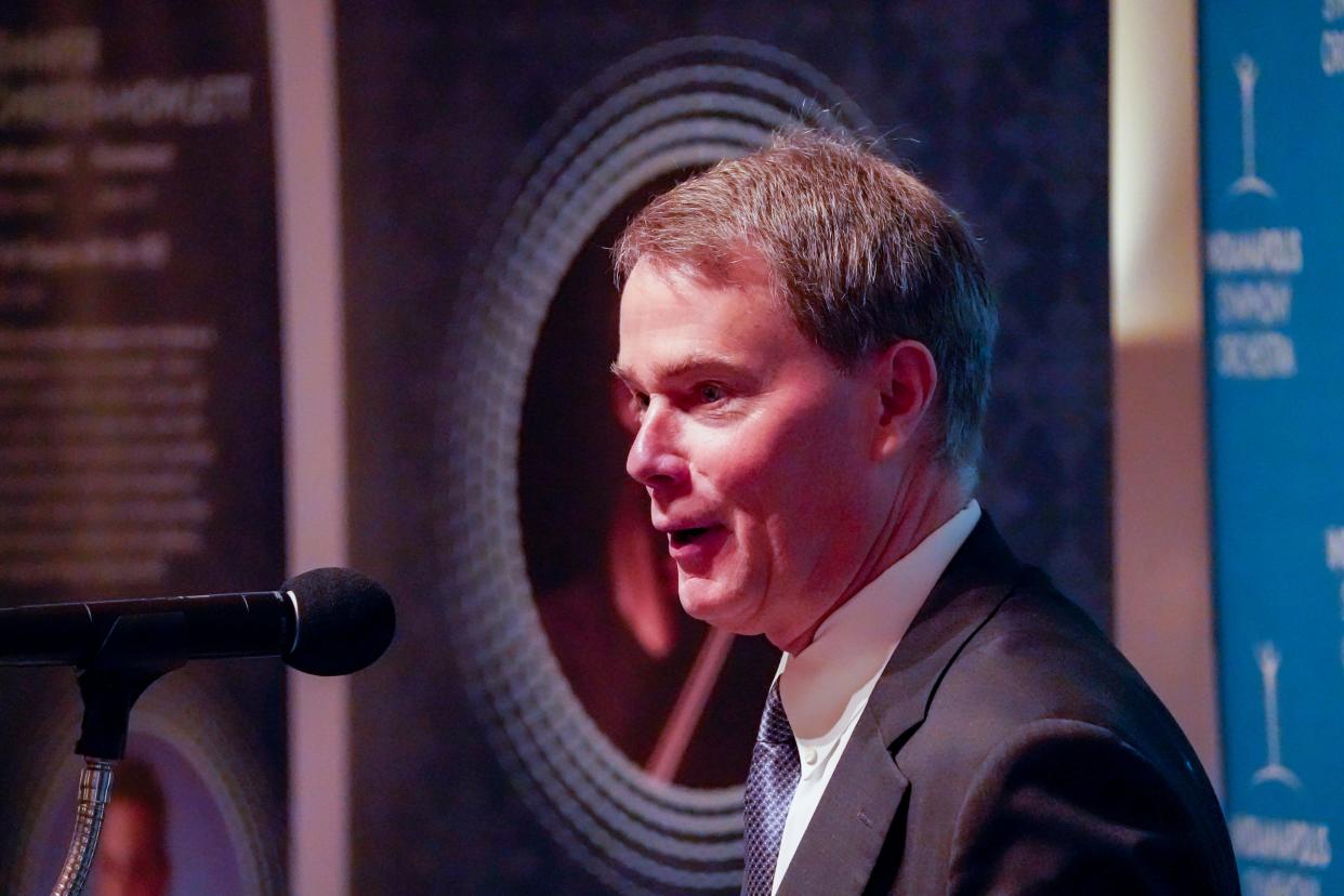 Indianapolis Mayor Joe Hogsett speaks at a press conference announcing Jun Märkl as the new music director for The Indianapolis Symphony Orchestra (ISO) during a press conference on Tuesday, January 23, 2024, in Indianapolis.
