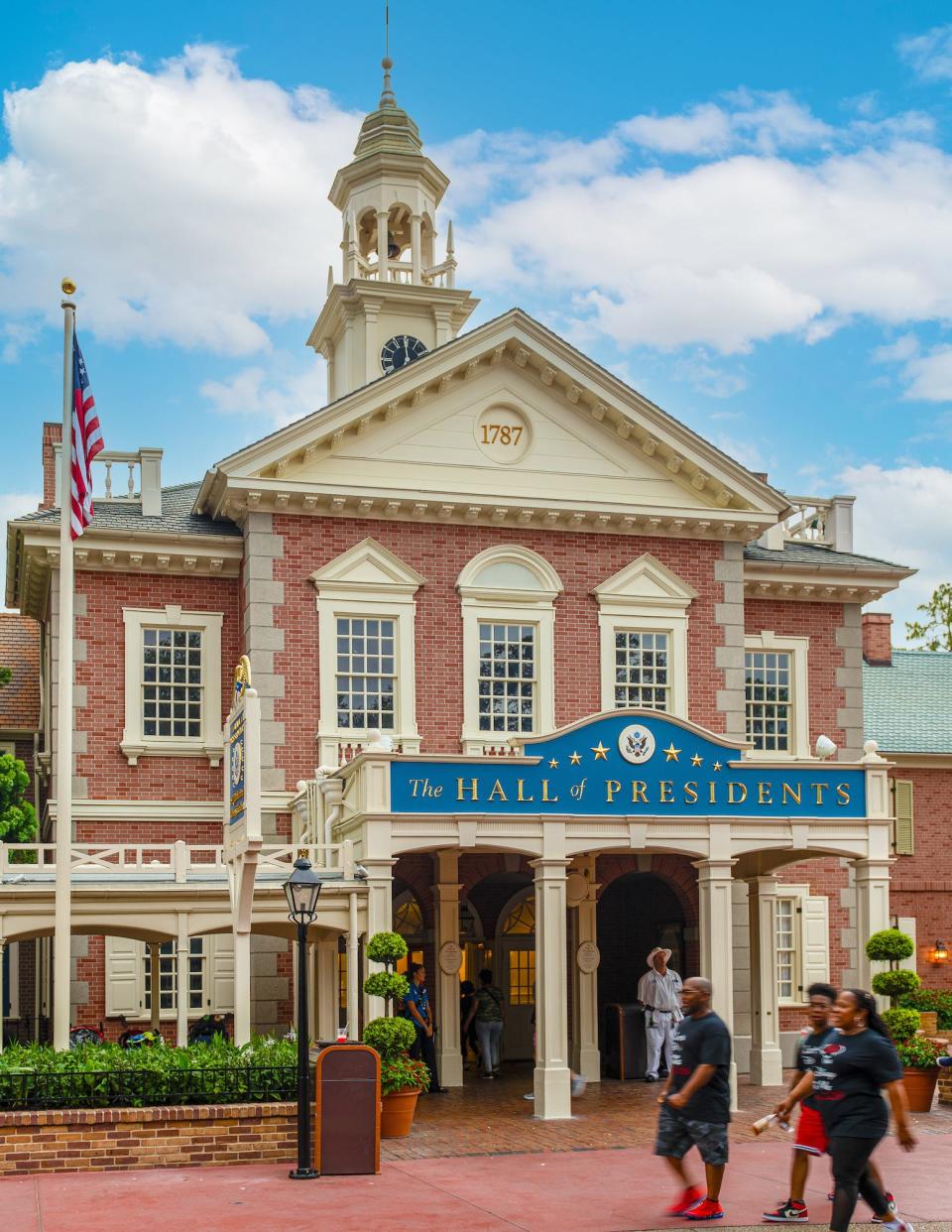 The exterior of the Hall of Presidents attraction at Disney World's Magic Kingdom.