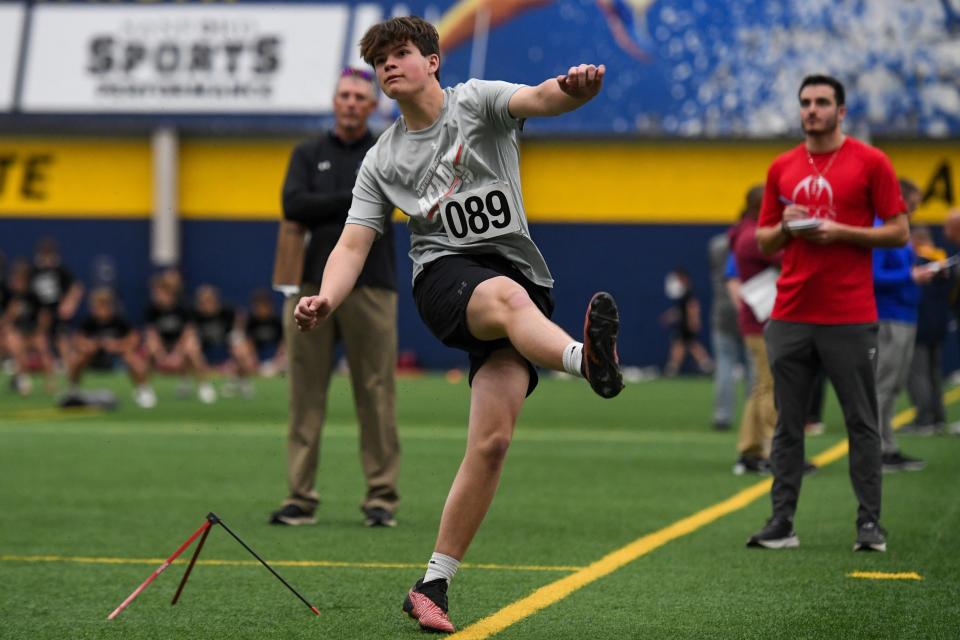 Brookings High School sophomore Drew Johnson performs a kick test as the only kicker at the 2024 Sanford Sports Football Academy Combine on Friday, April 26, 2024, at Sanford Fieldhouse in Sioux Falls.