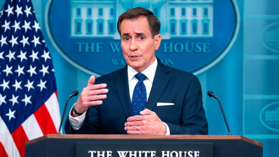 PHOTO: White House national security communications adviser John Kirby speaks during a press briefing at the White House, on April 4, 2024, in Washington, D.C. (Evan Vucci/AP)