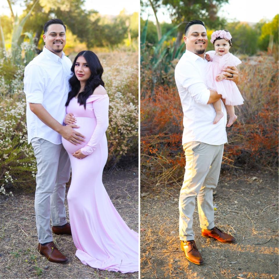 Expectant parents James Alvarez and Yesenia Aguilar in the shoot last year (left) and Mr Alvarez with daughter Adalyn recreating the shoot this year (right) (Grisel Leyva)