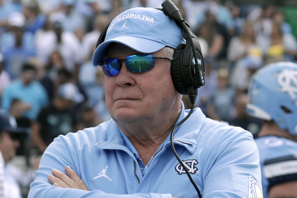 North Carolina head coach Mack Brown watches the team during the first half against Notre Dame in Chapel Hill, N.C., Saturday, Sept. 24, 2022 (AP Photo/Chris Seward)