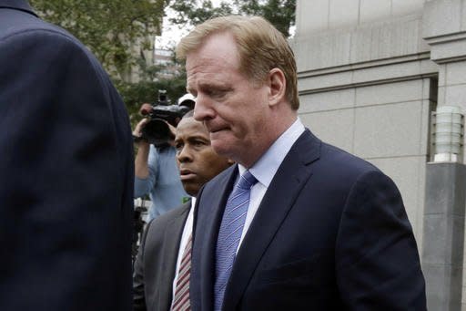 FILe - In this Aug. 31, 2015, file photo, NFL Commissioner Roger Goodell leaves Federal court in New York. Goodell says he sees no avenue right now for a settlement with Tom Brady as the star Patriots quarterback appeals his four-game “Deflategate” suspension. Goodell told reporters Monday, June 6, 2016,  that the league will move forward based on whether the 2nd U.S. Circuit Court of Appeals decides to grant Brady’s request for the full court to re-hear the case. (AP Photo/Richard Drew, File)