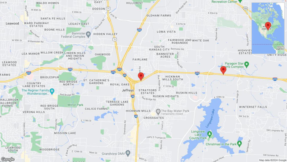 A detailed map that shows the affected road due to 'Heavy rain prompts traffic warning on eastbound I-470 in Kansas City' on May 2nd at 4:14 p.m.