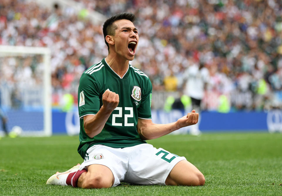 <p>Hirving Lozano of Mexico celebrates by sliding on his knees after scoring his team’s first goal during the 2018 FIFA World Cup Russia group F match between Germany and Mexico at Luzhniki Stadium on June 17, 2018 in Moscow, Russia. (Photo by David Ramos – FIFA/FIFA via Getty Images) </p>