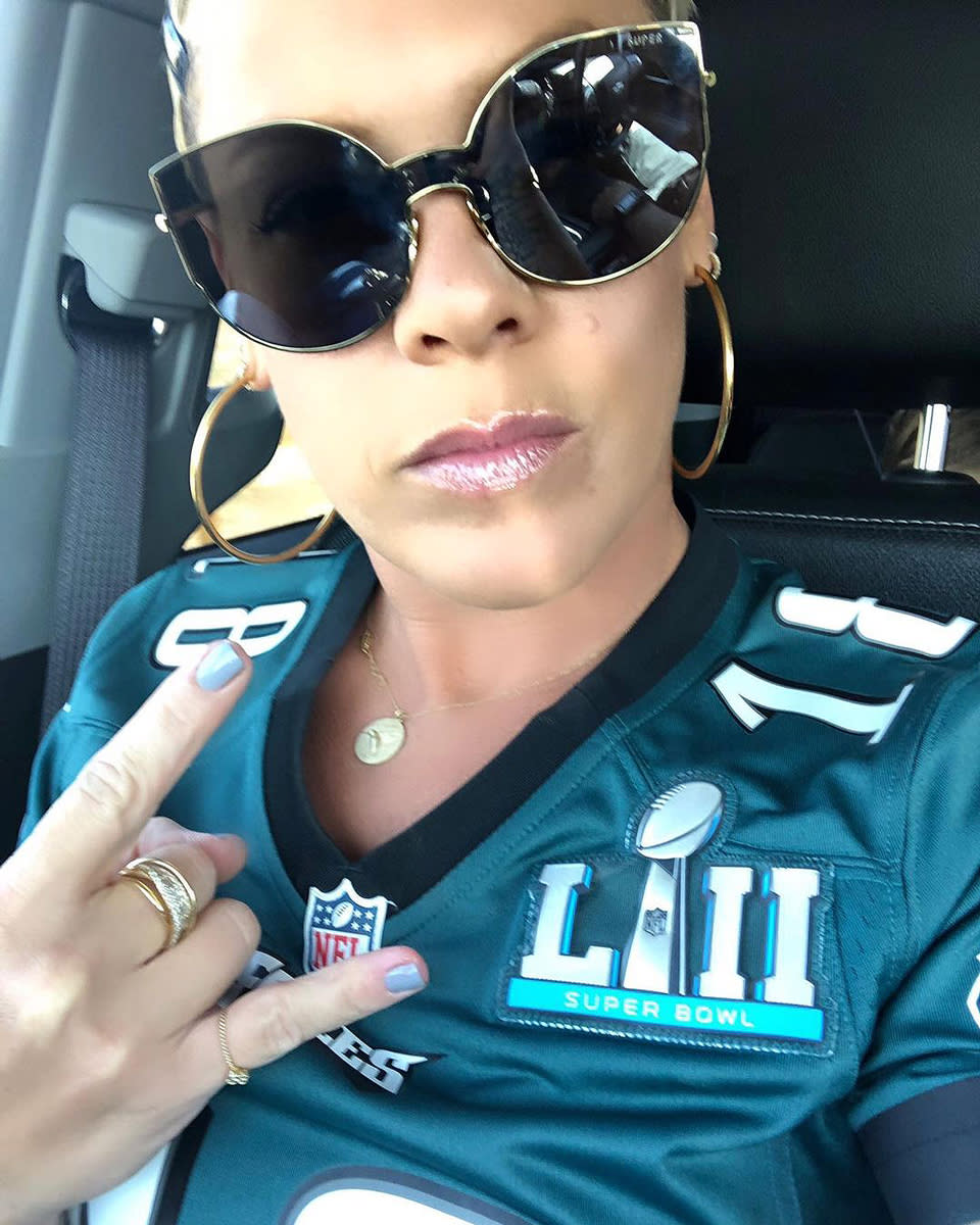 <p>"Eagles!!!!!!!! Philly!!!!!!! Last time y'all won I was there! Bring it home!!!!!!!" the <a href="https://twitter.com/Pink/status/1619895790457221120" rel="nofollow noopener" target="_blank" data-ylk="slk:singer exclaimed on Twitter;elm:context_link;itc:0;sec:content-canvas" class="link ">singer exclaimed on Twitter</a> the night the Eagles qualified for Super Bowl LVII.</p> <p><a href="https://people.com/tag/pink/" rel="nofollow noopener" target="_blank" data-ylk="slk:Pink;elm:context_link;itc:0;sec:content-canvas" class="link ">Pink</a> sang the national anthem when the team won in 2018. </p>