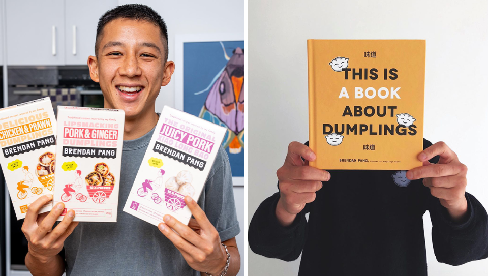 MasterChef’s Brendan Pang with his range of frozen dumplings / Brendan holding his book.