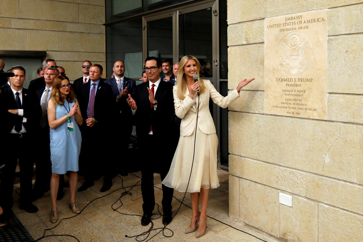 White House adviser Ivanka Trump and Treasury Secretary Steven Mnuchin stand next to the dedication plaque at the U.S. Embassy in Jerusalem.