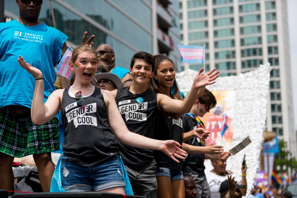 Young revelers aboard a GenderCool float in Chicago's LGBTQ Pride March, 2019. (Photo: Jen Grosshandler)