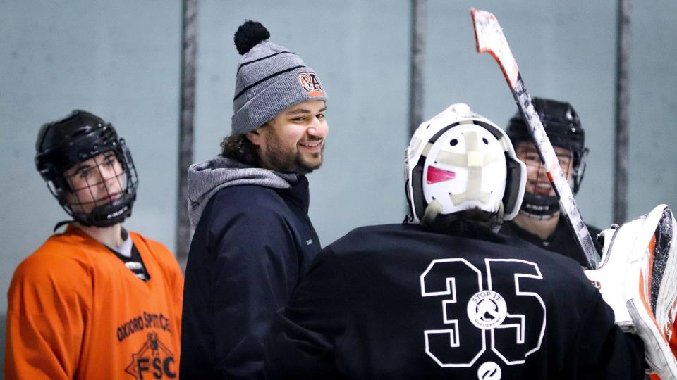 Oliver Ames High boys hockey coach Jimmy Tierney during a practice at Asiaf Arena in Brockton on Thursday, Jan. 19, 2023.