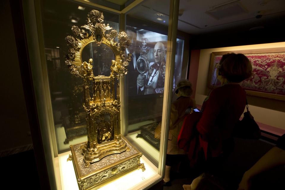 A 16th century blood reliquary is put on display as part of the exhibition "Naples' Treasure. Masterpieces from the Museum of Saint Januarius", at the Fondazione Roma Musuem, in Rome's Palazzo Sciarra, Wednesday, Oct. 30, 2013. The exhibition opens Oct. 30 and runs until Feb. 16, 2013. (AP Photo/Andrew Medichini)